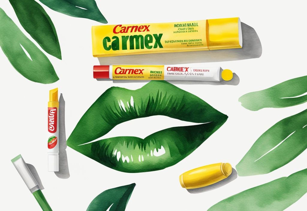 Modern green watercolor illustration of healthy lips with Carmex lip balm tube.