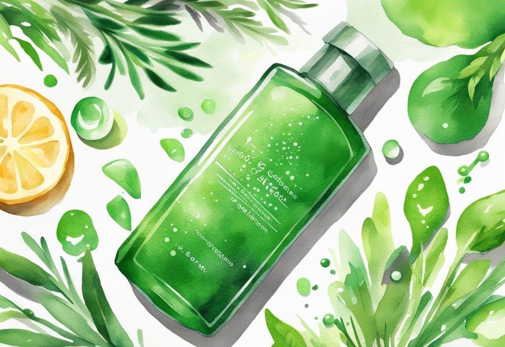 Modern watercolor illustration of fresh green herbs transforming into a glowing bottle of Herbal Essence shampoo, surrounded by sparkling elements, highlighting the question "is herbal essence good".