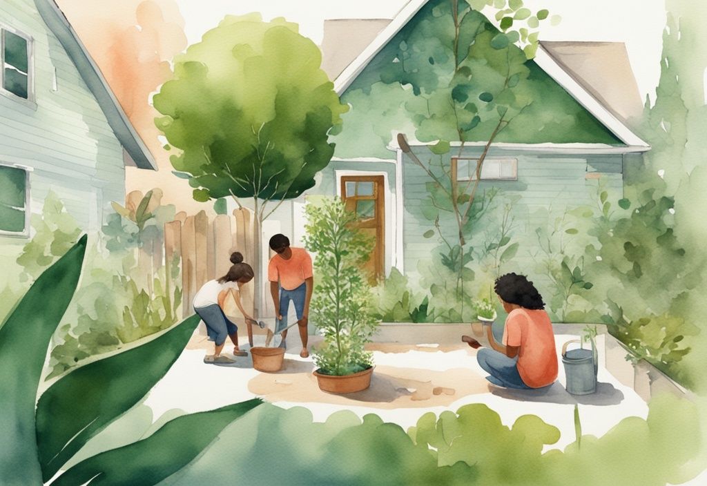 Modern watercolor illustration of a family planting a tree in their backyard with eco-friendly tools, showcasing eco friendly activities.