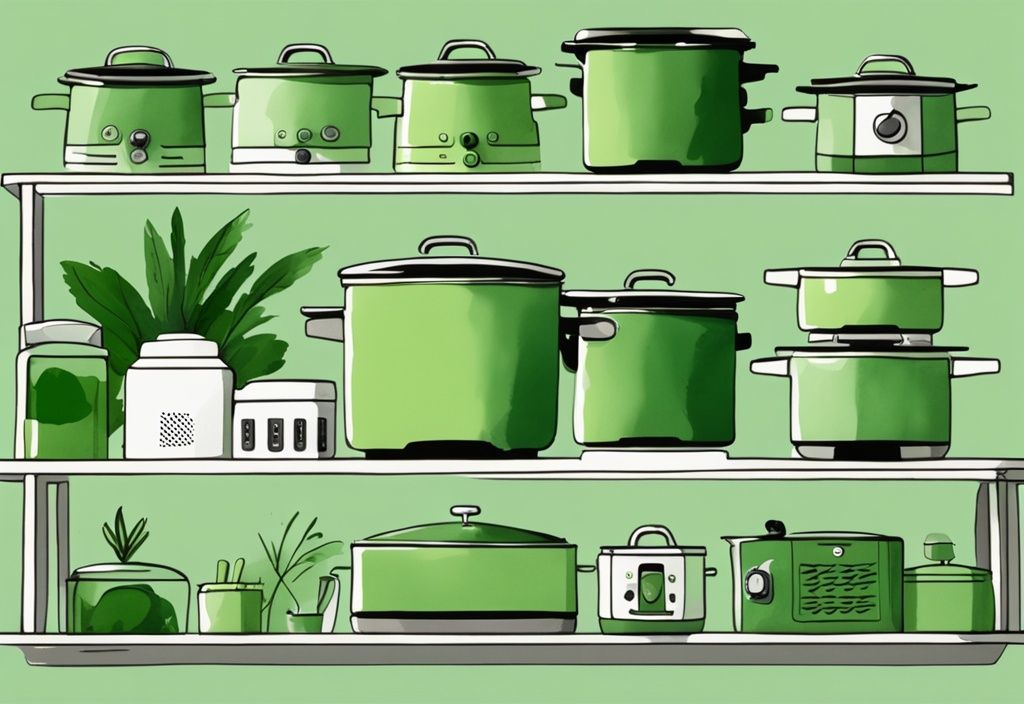 Modern watercolor illustration of best non toxic slow cooker collection on green-themed open shelving unit.