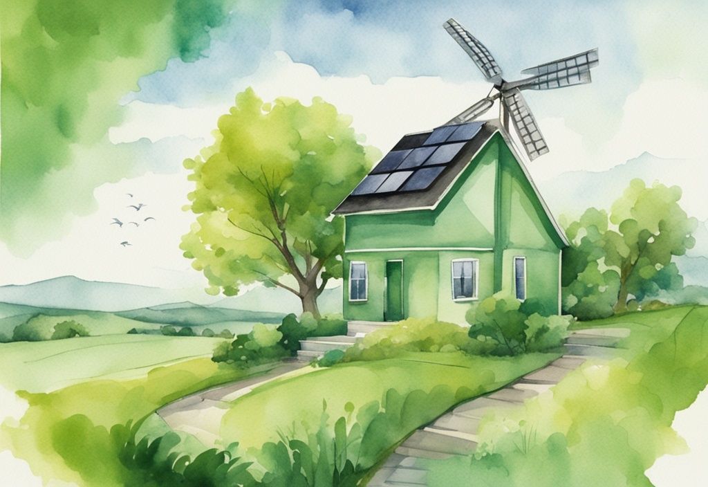 Modern watercolor illustration of a green landscape featuring an eco-friendly house with solar panels and a windmill, symbolizing renewable energy.