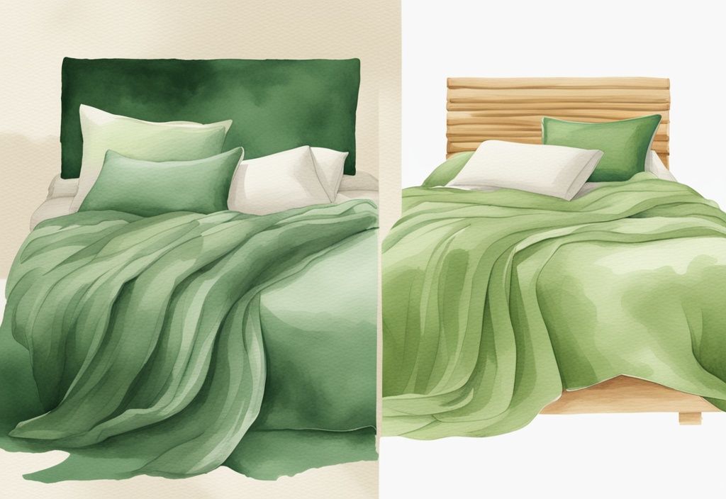 Split-screen comparison of a bed with textured linen sheets on one side and smooth bamboo sheets on the other, modern watercolor illustration, green color theme