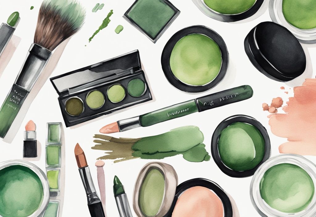 Modern watercolor illustration of green-themed bare mineral makeup products with foundation, blush, eyeshadows, and green checkmarks indicating non-toxicity.