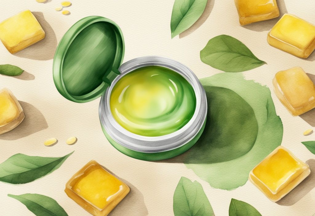 Modern watercolor illustration of Carmex lip balm jar with key Carmex ingredients like beeswax, petroleum jelly, and camphor on a green-themed background.