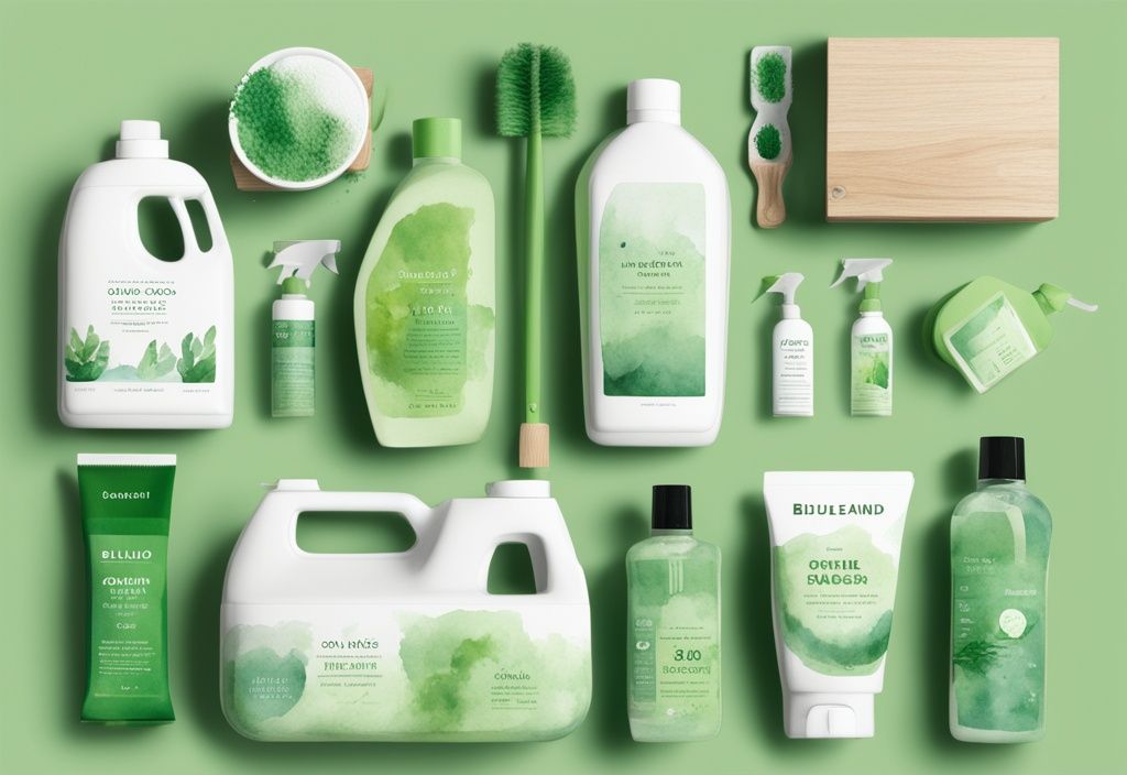 Modern watercolor illustration of Blueland's green-themed non-toxic household cleaning products with eco-friendly packaging and natural ingredients.