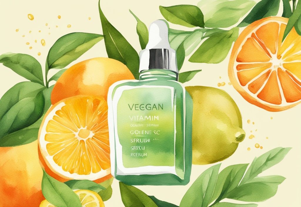 Modern watercolor illustration of a glass dropper bottle with golden vegan vitamin C serum, surrounded by fresh citrus fruits on a green background.