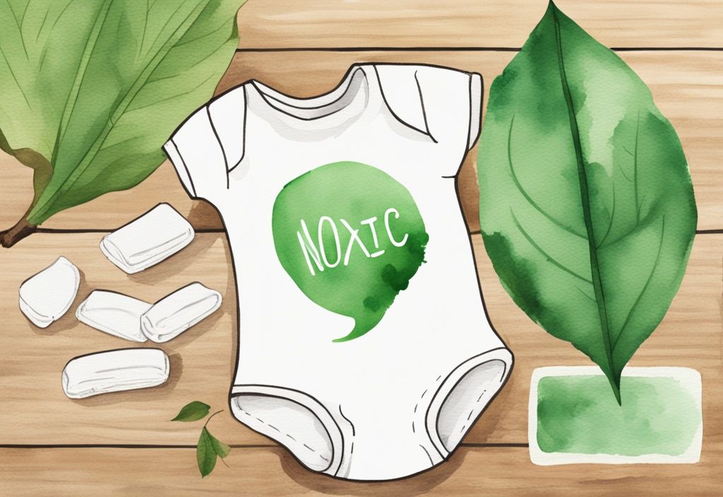 Modern watercolor illustration of Millie Moon diapers on a wooden table with green leaves and "Non-toxic" text bubble.