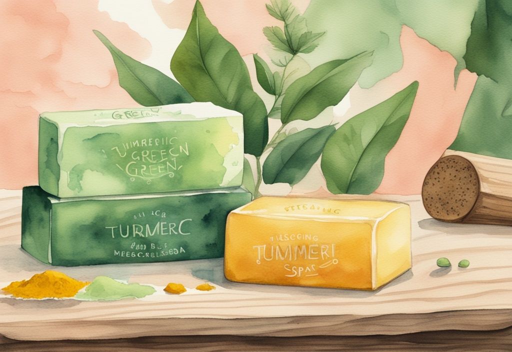 Modern watercolor illustration of the best turmeric soap for dark spots on a wooden ledge, with a hand holding a soap bar showing visible dark spot reduction.