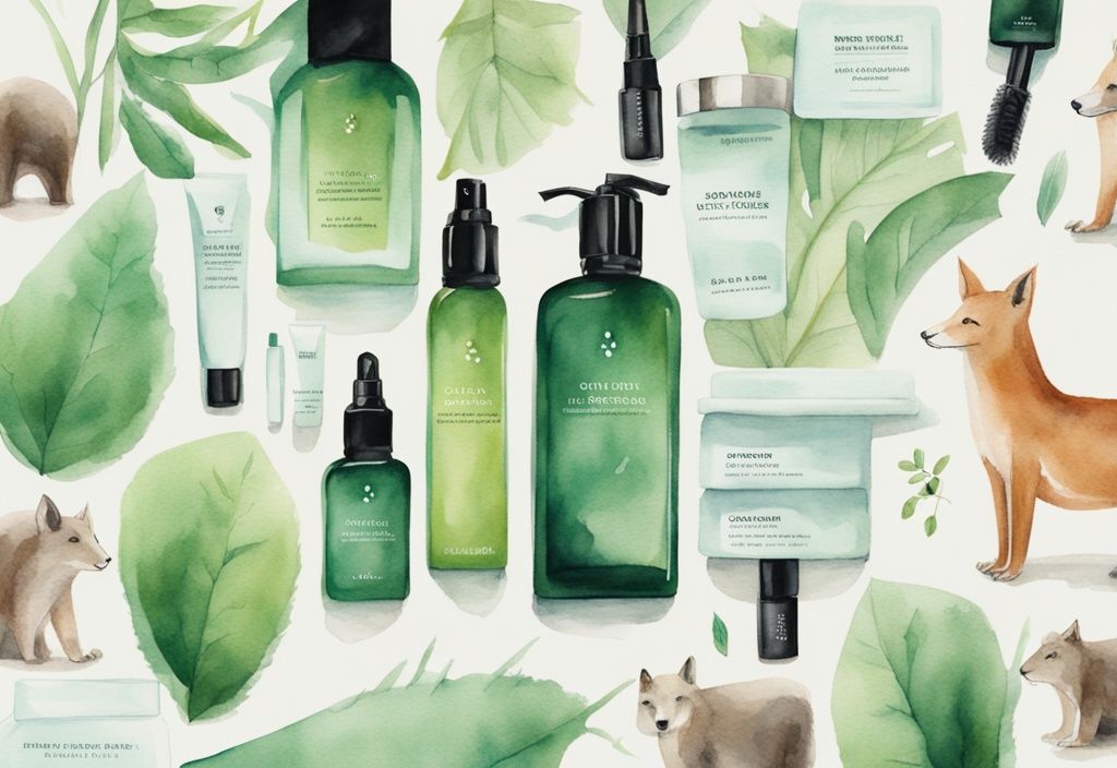 Modern watercolor illustration of Skinceuticals skincare products with green theme, surrounded by peaceful, happy animals, highlighting cruelty-free ethos.