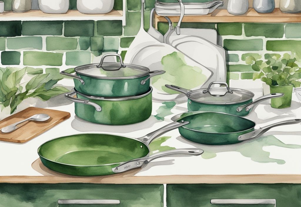 Modern watercolor illustration of eco-friendly, non-toxic pans made from ceramic, hard-anodized aluminum, and stainless steel on a polished kitchen counter, answering the question "what pans are non toxic".