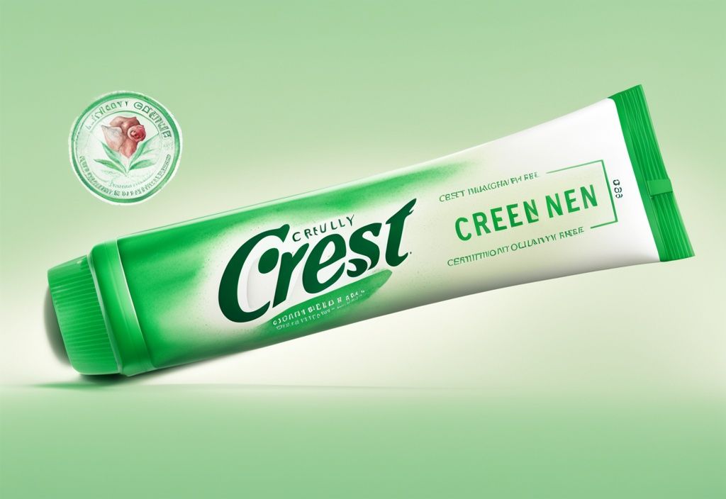 Modern watercolor illustration of Crest toothpaste tube with "Cruelty-Free" certification badge, green color theme, soft neutral background