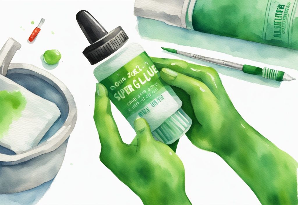 Modern watercolor illustration of non toxic super glue for teeth being applied to a shiny, healthy tooth held by a gloved hand.