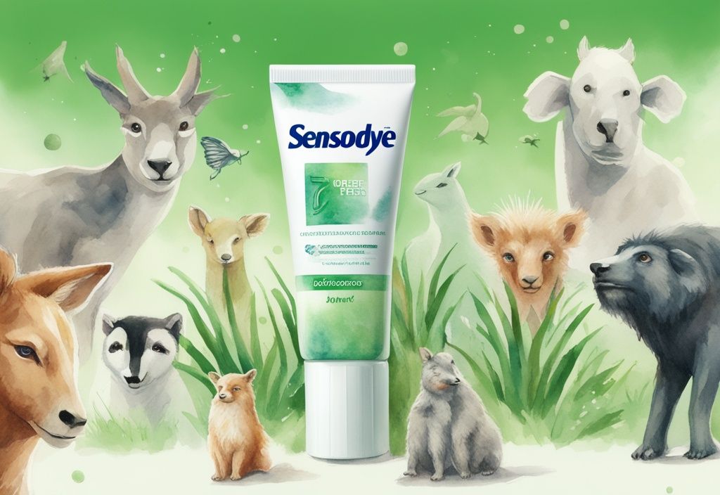 Modern watercolor illustration of Sensodyne toothpaste with Cruelty-Free logo, happy healthy animals, green theme