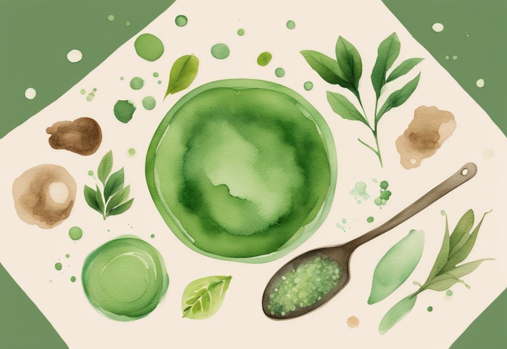 Modern green watercolor illustration of natural ingredients on clay surface with gentle breeze stirring loose particles.