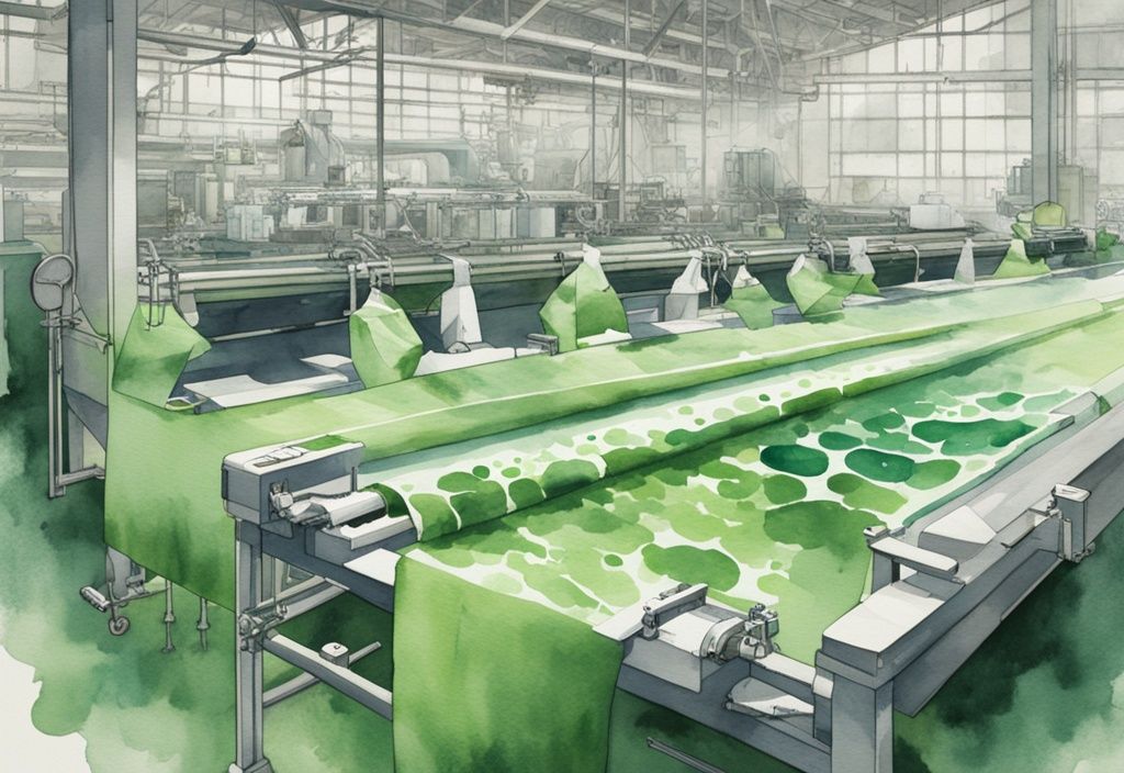 Modern watercolor illustration of Earth Breeze laundry sheets on an eco-friendly assembly line with global distribution symbols.