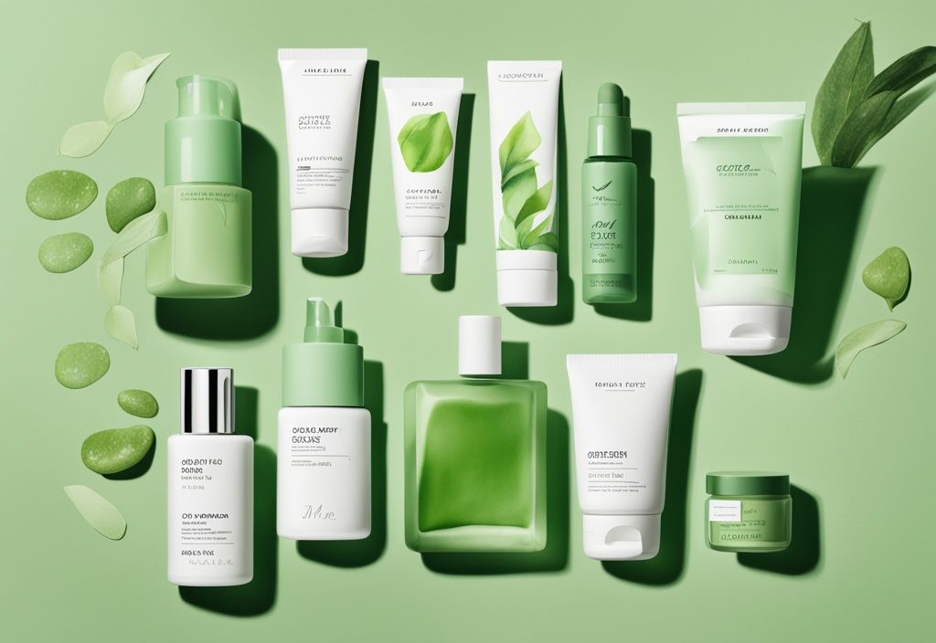 Modern watercolor illustration of The Ordinary skincare products on a minimalist green-themed background