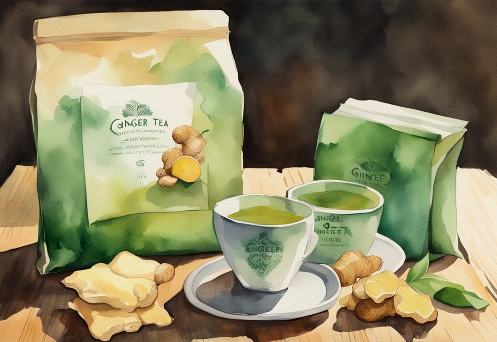 Modern watercolor illustration of various ginger tea brands packets on a rustic wooden table with warm lighting and long shadows.