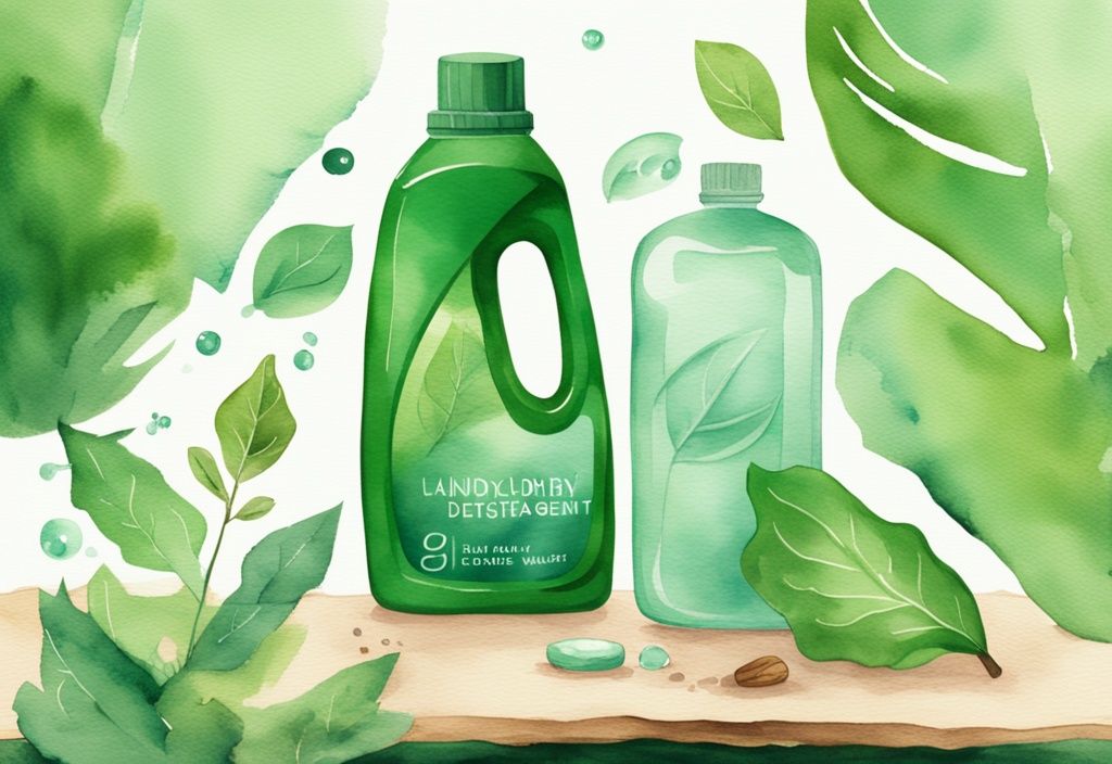 Modern watercolor illustration featuring 9 Elements laundry detergent non toxic bottle amid green leaves and clear water for nature-friendly cleaning.