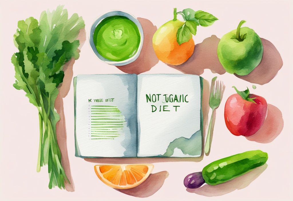 Modern watercolor illustration of colorful organic fruits and vegetables on a clean countertop with fresh green juice and a note saying "Non toxic diet