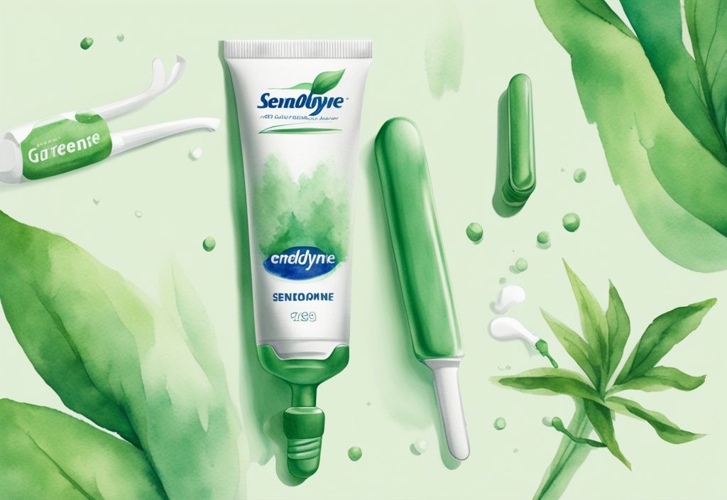 Modern watercolor illustration of Sensodyne toothpaste beside cruelty-free logo, highlighting Sensodyne cruelty free ethical production.