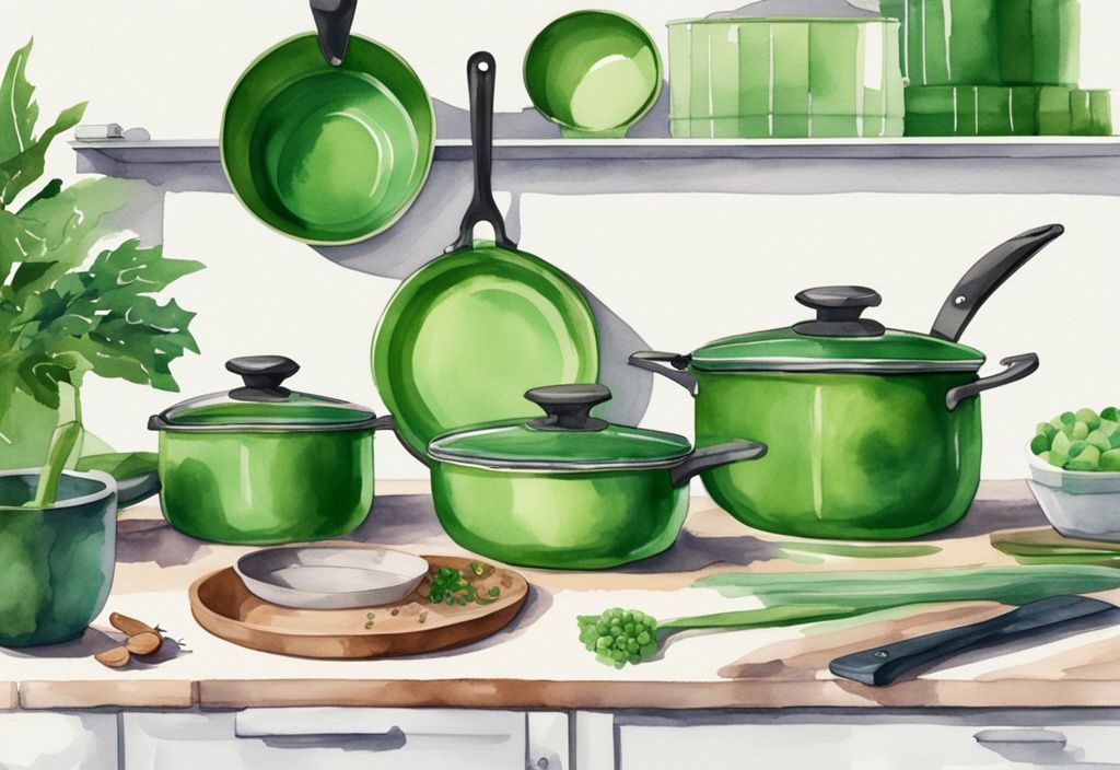 Modern watercolor illustration of green-themed Figment cookware on kitchen countertop, highlighting non-toxic attributes.