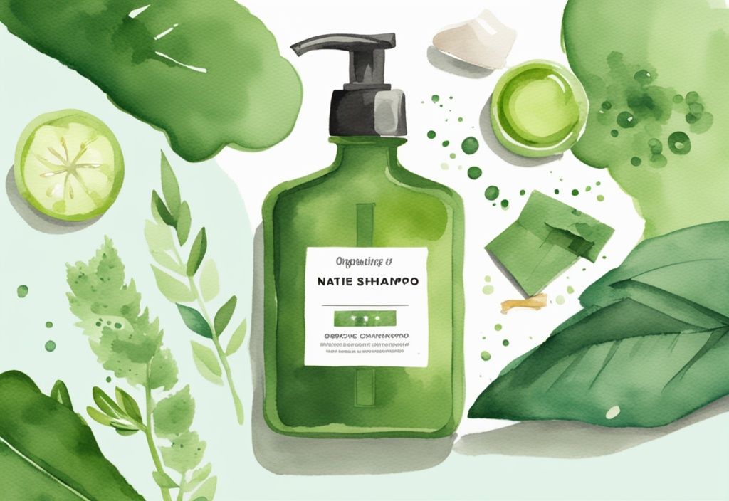 Modern watercolor illustration of a bottle of Native Shampoo with organic ingredients and a 5-star rating, answering the question "is native shampoo good".