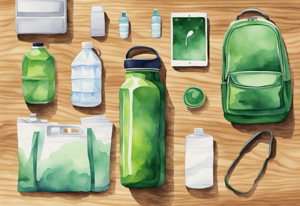 Modern watercolor illustration of sustainable life hacks with green-themed everyday objects like refillable water bottles, reusable shopping bags, and a solar powered charger on a minimalist wooden background.