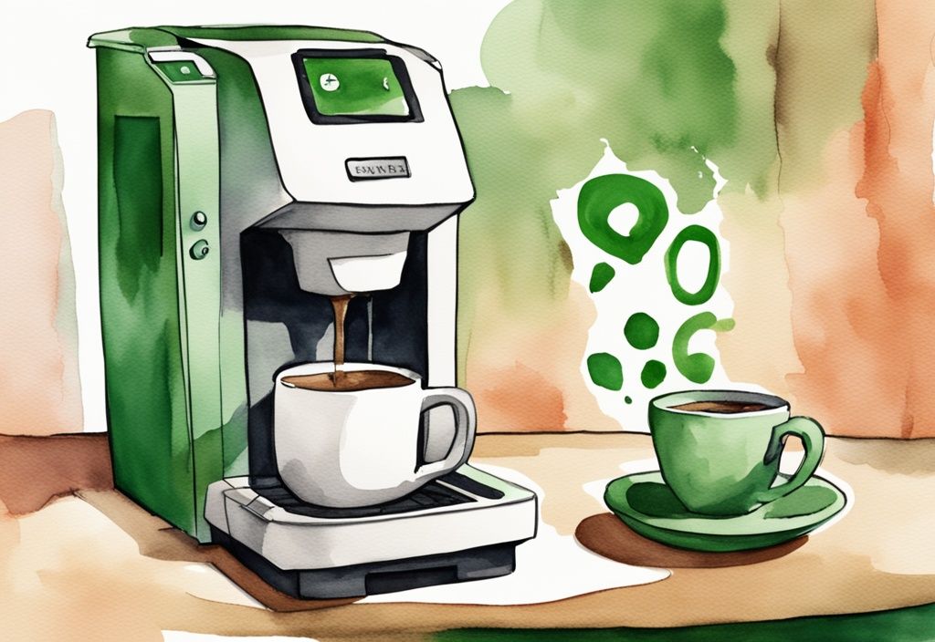 Modern watercolor illustration of Keurig coffee machine brewing with question mark hovering, addressing the query "is Keurig coffee bad for you" in green theme.