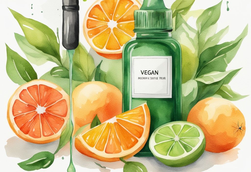 Modern watercolor illustration of a vibrant orange serum in a dropper bottle surrounded by fresh citrus fruits with a small vegan sign, main color theme green.