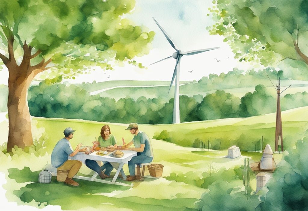 Modern watercolor illustration of a green landscape with wind turbine, solar panels, and a family picnic, highlighting eco meaning in manufacturing.