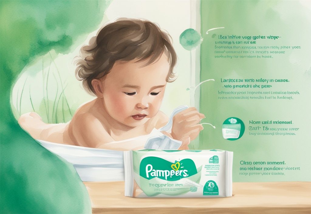 Modern watercolor illustration of green-themed Pampers Sensitive Wipes package opened with ingredient list displayed.