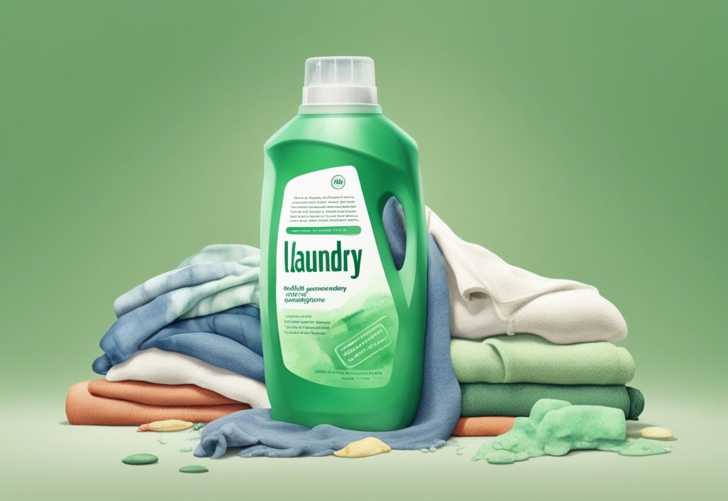 Modern watercolor illustration of 9 Elements laundry detergent bottle on folded clothes, highlighting non-toxic properties, green color theme.