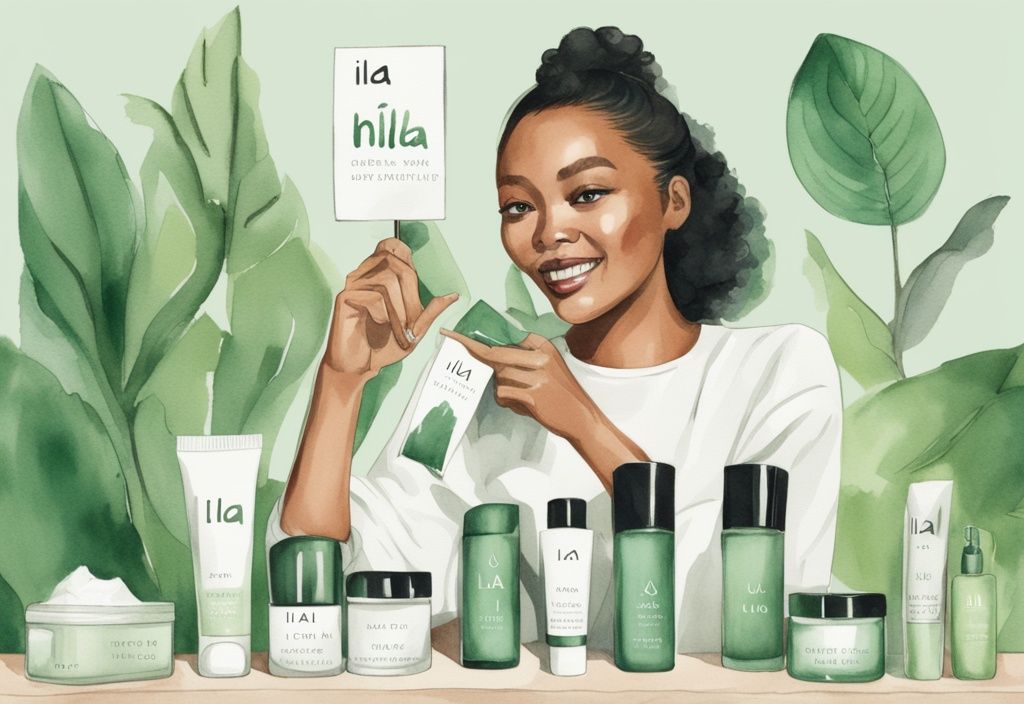 Modern watercolor illustration with green theme, Ilia representative holding "No Animal Testing" sign, range of Ilia beauty products; does Ilia test on animals.