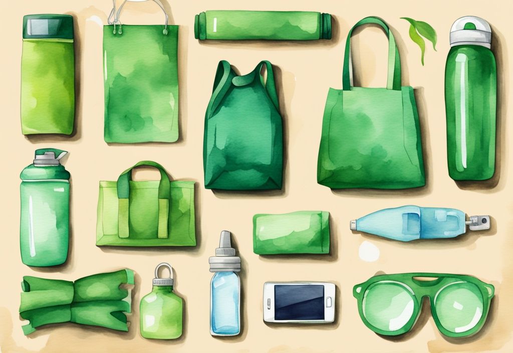 Modern watercolor illustration of sustainable life hacks featuring green-themed refillable water bottles, reusable shopping bags, and a solar powered charger on a minimalist wooden background.