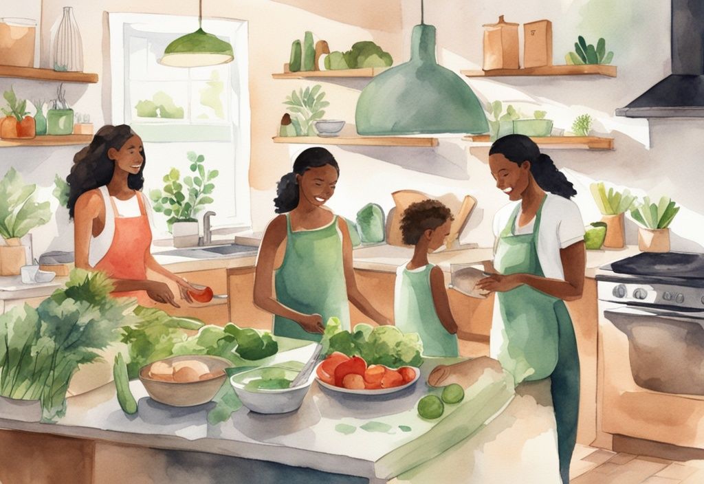 Modern watercolor illustration of a family cooking together in a bright kitchen with fresh produce, recyclable goods, and household items labeled organic or eco-friendly, promoting a non toxic lifestyle.