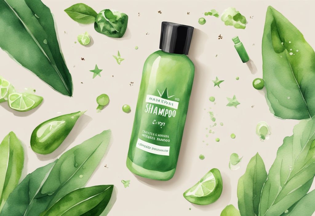 Modern watercolor illustration of Native Shampoo bottle with natural, organic ingredients and 5-star rating banner, is native shampoo good.