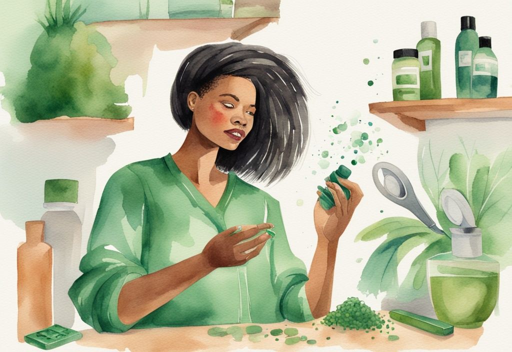 Modern watercolor illustration of a confused woman examining native hair product ingredients with damaged hair.