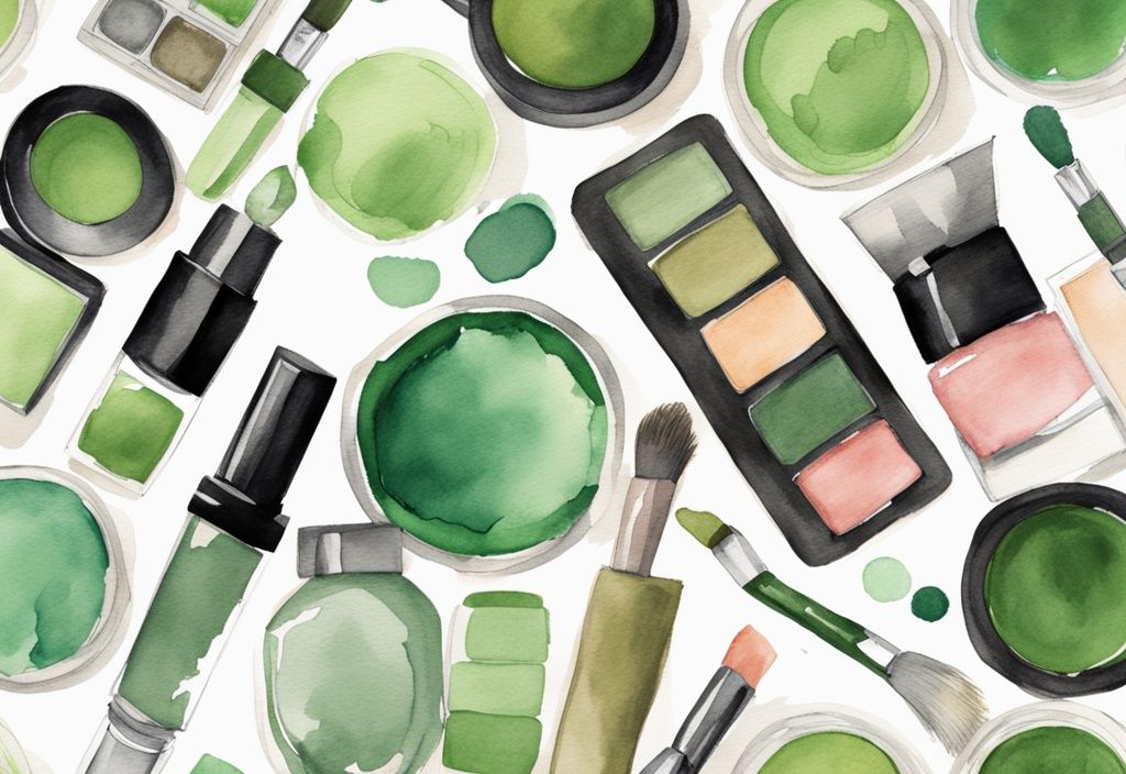 Modern watercolor illustration of green-themed bare mineral makeup products with green checkmarks indicating non-toxicity