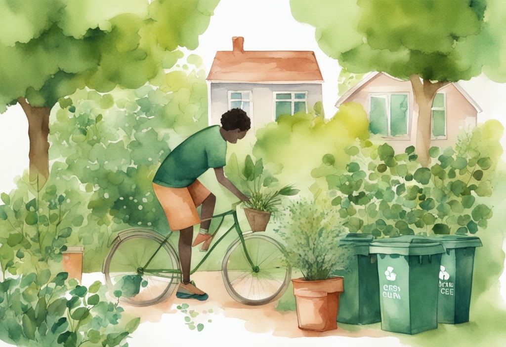 Modern watercolor illustration of a person planting a young tree in a lush garden with recycling bins and a bicycle, demonstrating how to be eco friendly.