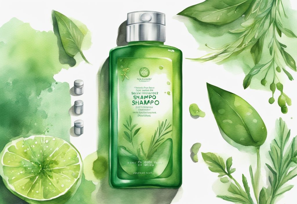 Modern watercolor illustration of fresh green herbs transforming into a glowing bottle of Herbal Essence shampoo with sparkling elements, answering the question "is herbal essence good".