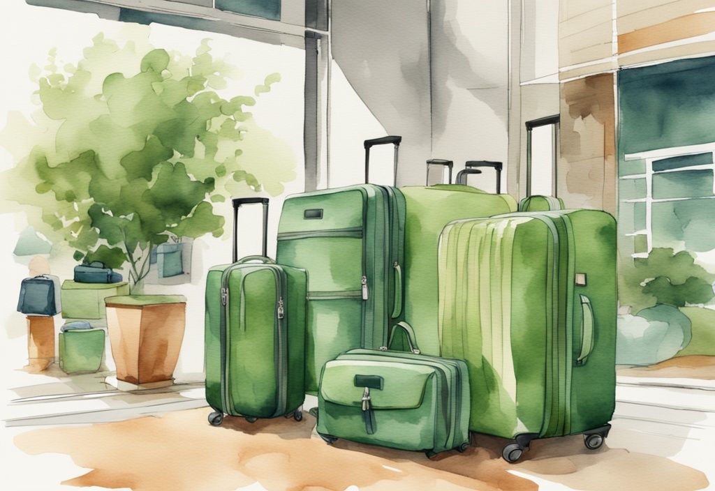 Modern watercolor illustration of eco-friendly green luggage in stylish storefront display