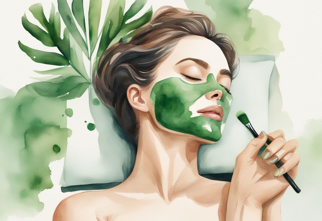 Modern watercolor illustration of hands applying green mask stick on serene female face, demonstrating how to use green mask stick, with product positioned nearby on clean white background.