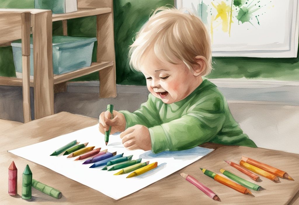 Modern watercolor illustration with green theme, colorful non-toxic crayons, scribbled drawing, cheerful toddler engaging in safe creative play.