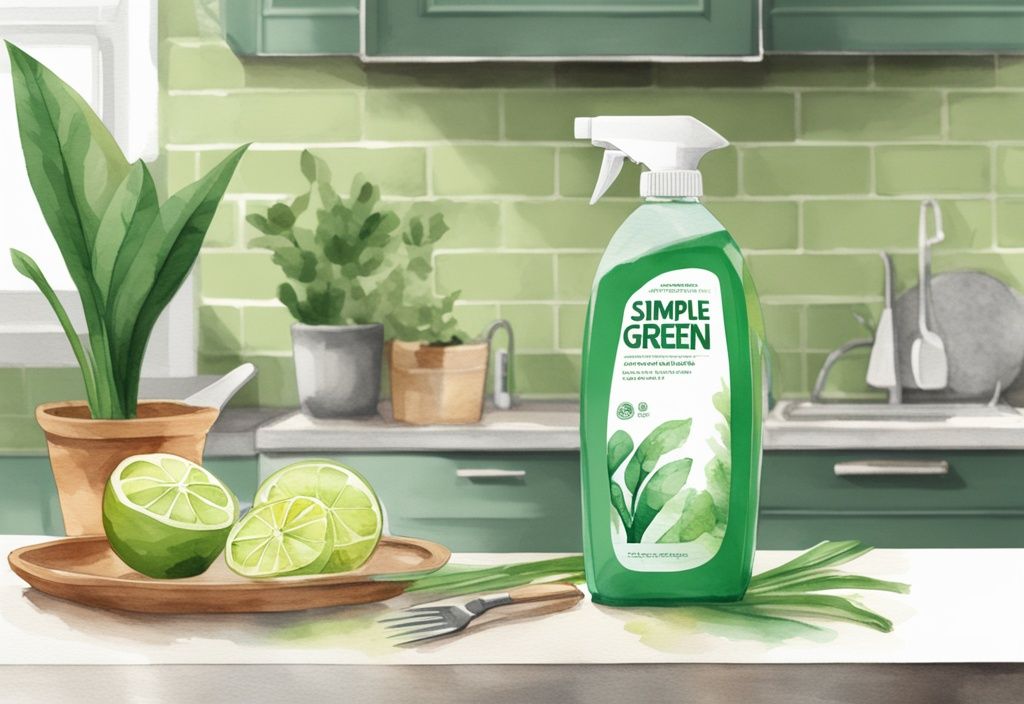 Modern watercolor illustration of Simple Green cleaning product bottle on countertop with clean kitchenware and green plants.