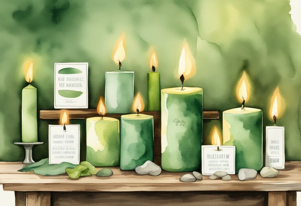 Modern watercolor illustration of non-toxic candles made from beeswax, soy, and organic materials on a rustic wooden table.