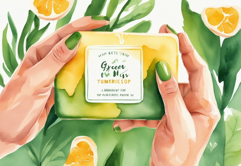 Modern watercolor illustration of hands holding turmeric soap with green theme and smooth skin background.