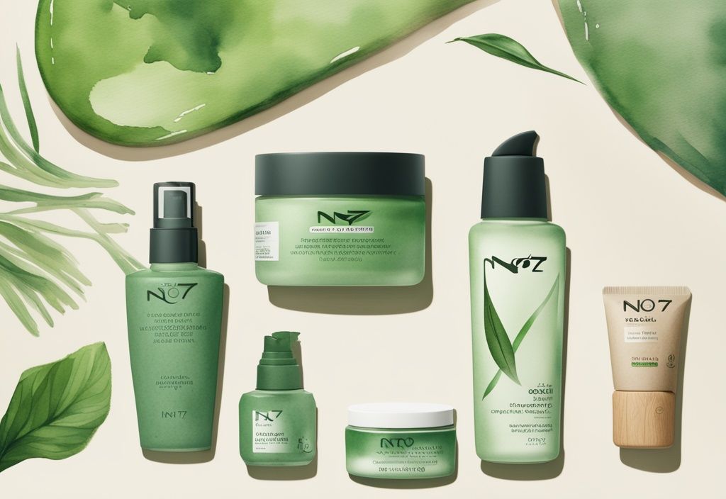 Modern watercolor illustration of No 7 cruelty-free skincare products on a light wooden surface with an eco-friendly backdrop featuring natural ingredients, main color theme green.