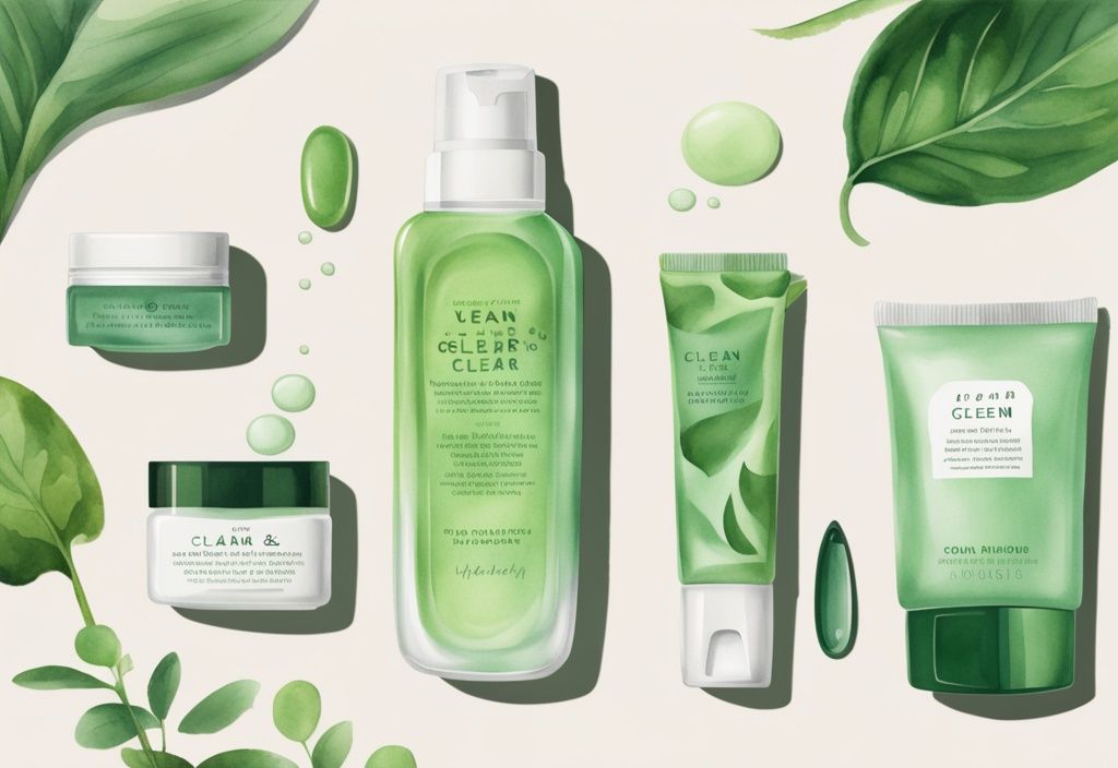 Modern watercolor illustration of Clean and Clear vegan skincare products in green theme, emphasizing cruelty-free brand against pristine background.