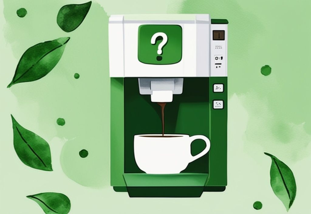 Modern green watercolor illustration of a Keurig coffee machine brewing coffee with a question mark, pondering "is Keurig coffee bad for you?