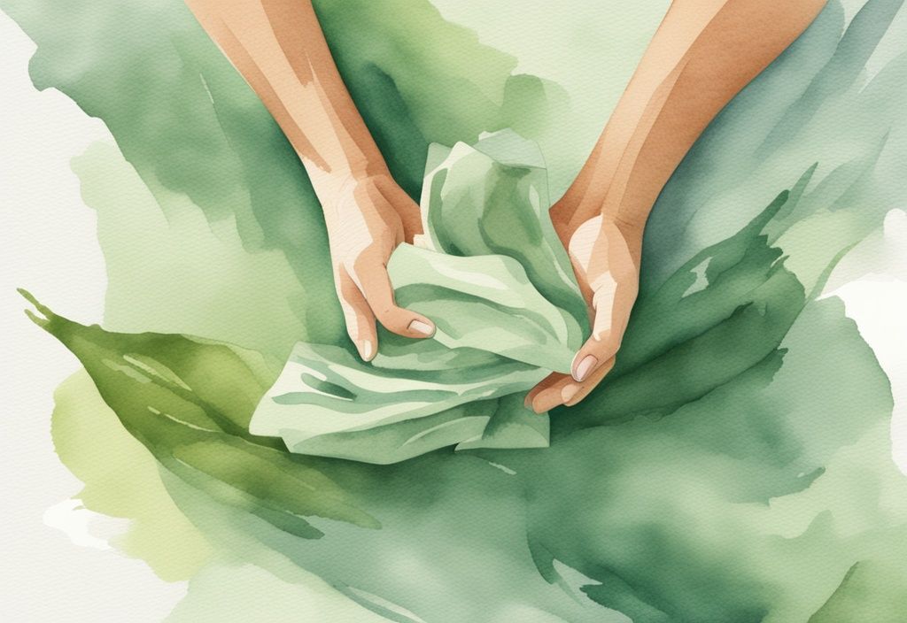 Modern watercolor illustration of hands cradling Earth Breeze laundry sheets with green theme, fresh clean earth backdrop, and non-toxic breeze.